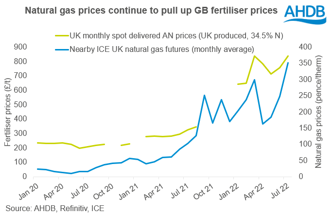Graph showing UK natural gas prices and fertiliser prices